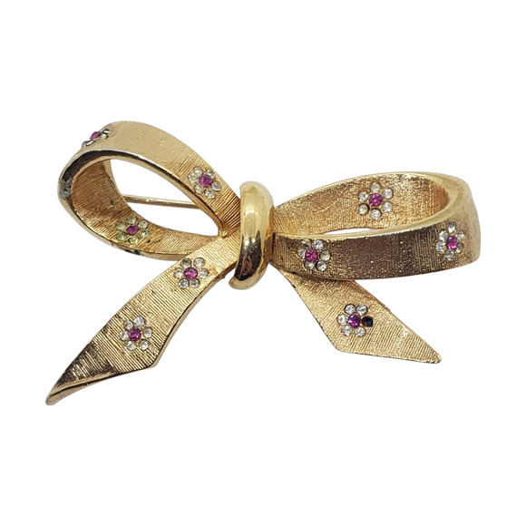 Vintage Bow Brooch 3D Gold Tone Pink/Red Rhinestone Flower Accents signed BSK - Picture 1 of 10